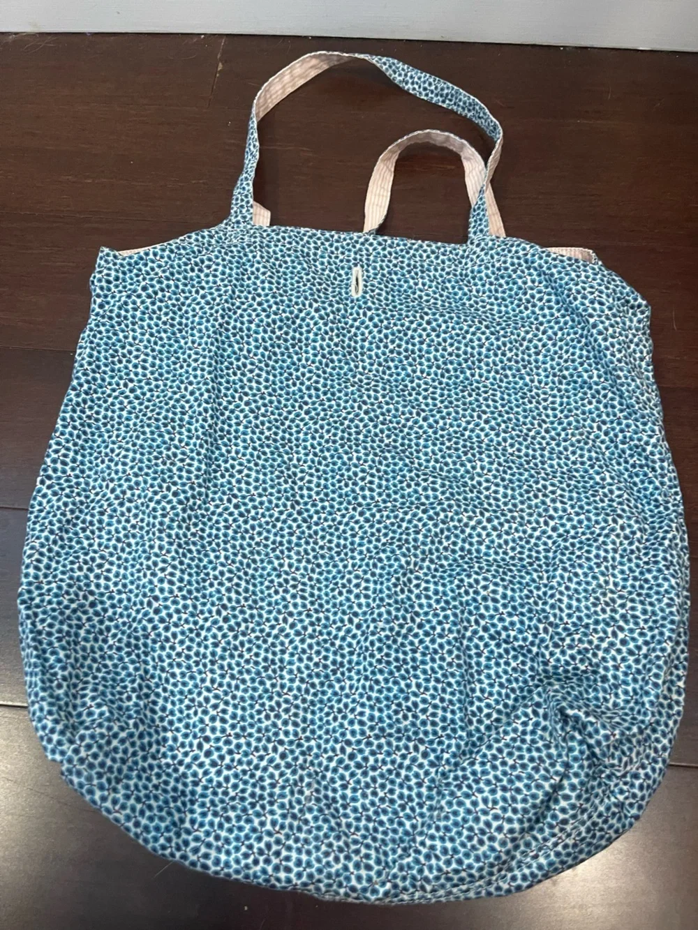 gap reversible blue floral/ pink and white stripe cotton tote
